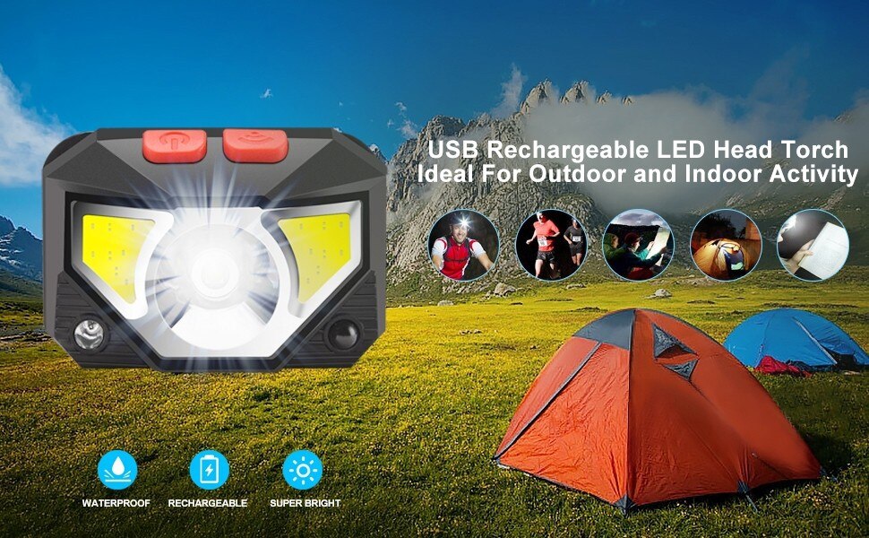 8 Modes Handfress Motion Sensor Powerful LED Headlight headlamp Head Lamp COB Flashlight Torch head light For Camping, fishing