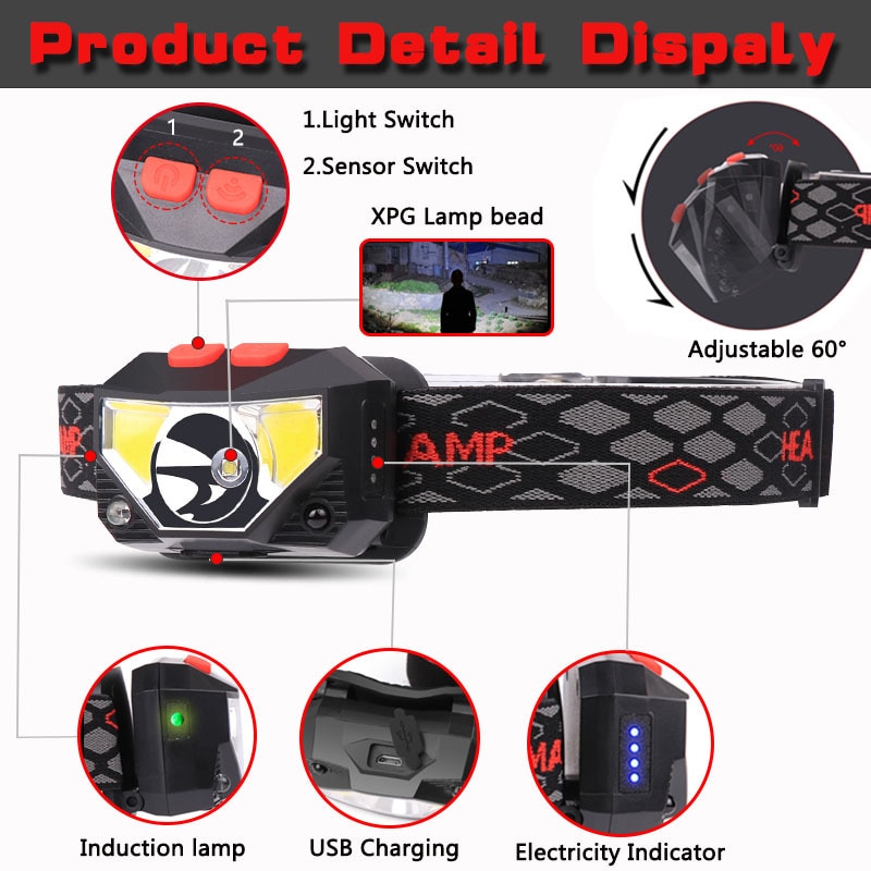 8 Modes Handfress Motion Sensor Powerful LED Headlight headlamp Head Lamp COB Flashlight Torch head light For Camping, fishing 8 Modes Handfress Motion Sensor Powerful LED Headlight headlamp Head Lamp COB Flashlight Torch head light For Camping, fishing