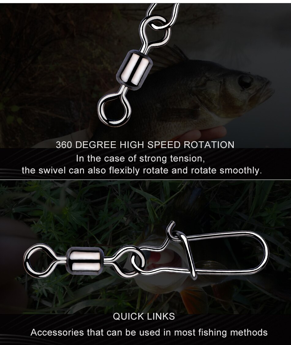 MEREDITH 50PCS Pike Fishing Accessories Connector Pin Bearing Rolling Swivel Stainless Steel Snap Fishhook Lure Swivels Tackle