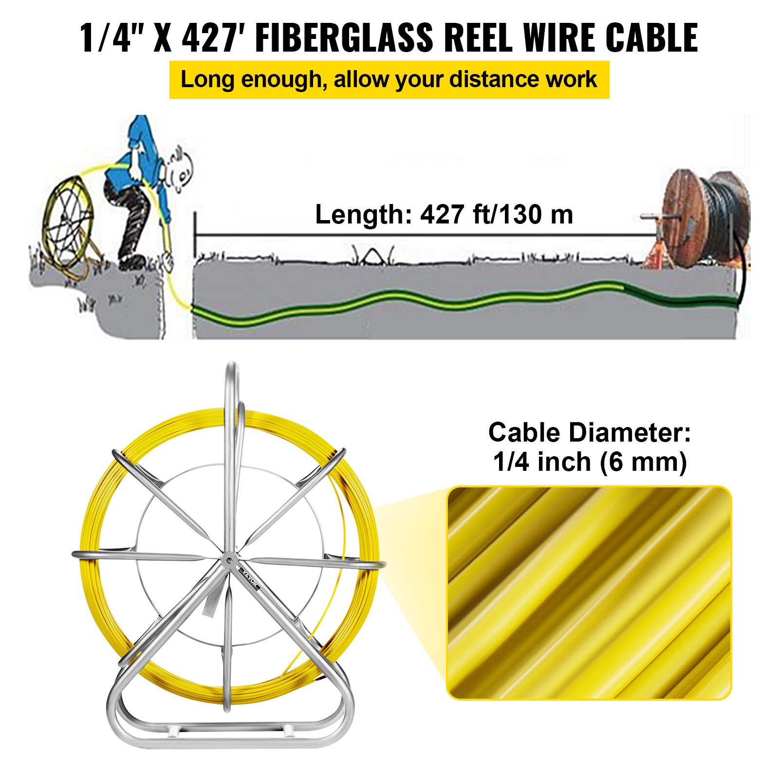 VEVOR 6MM x 130M Fiberglass Wire Cable Running Rod Snakes Fish Tape Rodder Flexible Cable Conduit Puller with Cage Wheel Stand VEVOR 6MM x 130M Fiberglass Wire Cable Running Rod Snakes Fish Tape Rodder Flexible Cable Conduit Puller with Cage Wheel Stand