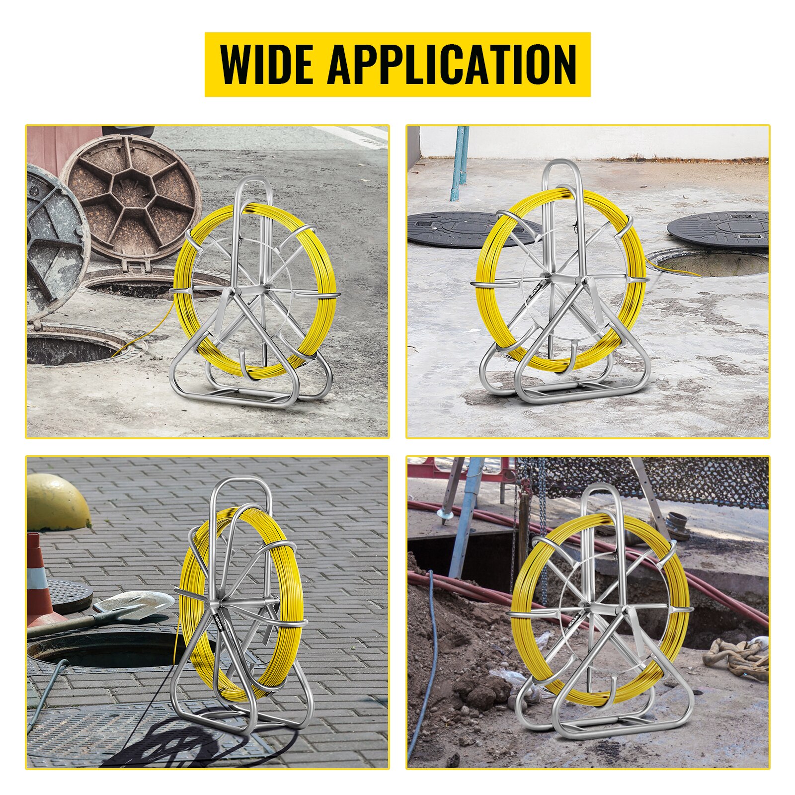 VEVOR 6MM x 130M Fiberglass Wire Cable Running Rod Snakes Fish Tape Rodder Flexible Cable Conduit Puller with Cage Wheel Stand VEVOR 6MM x 130M Fiberglass Wire Cable Running Rod Snakes Fish Tape Rodder Flexible Cable Conduit Puller with Cage Wheel Stand
