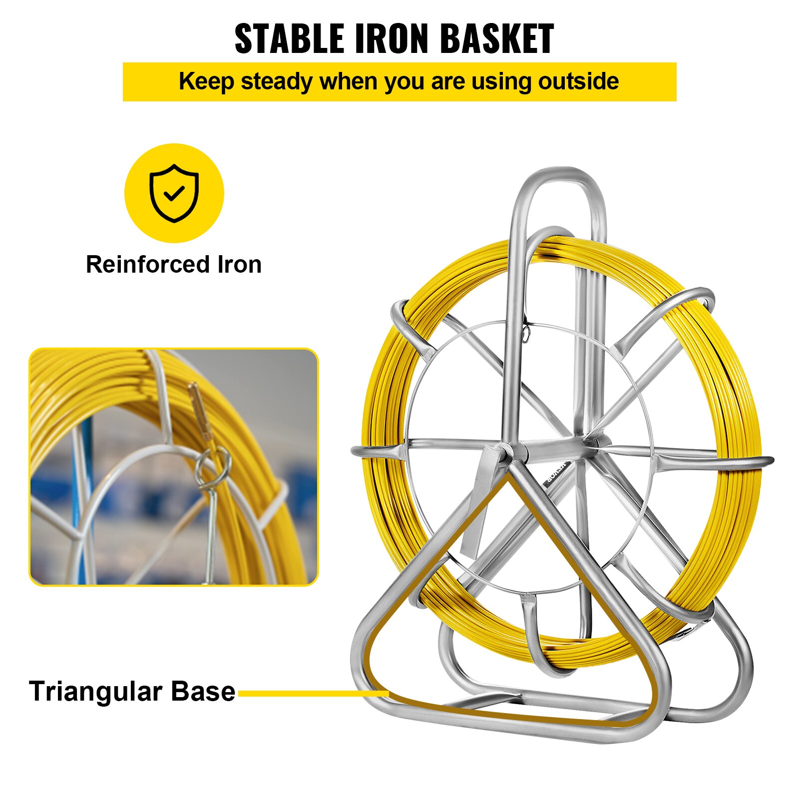 VEVOR 6MM x 130M Fiberglass Wire Cable Running Rod Snakes Fish Tape Rodder Flexible Cable Conduit Puller with Cage Wheel Stand VEVOR 6MM x 130M Fiberglass Wire Cable Running Rod Snakes Fish Tape Rodder Flexible Cable Conduit Puller with Cage Wheel Stand