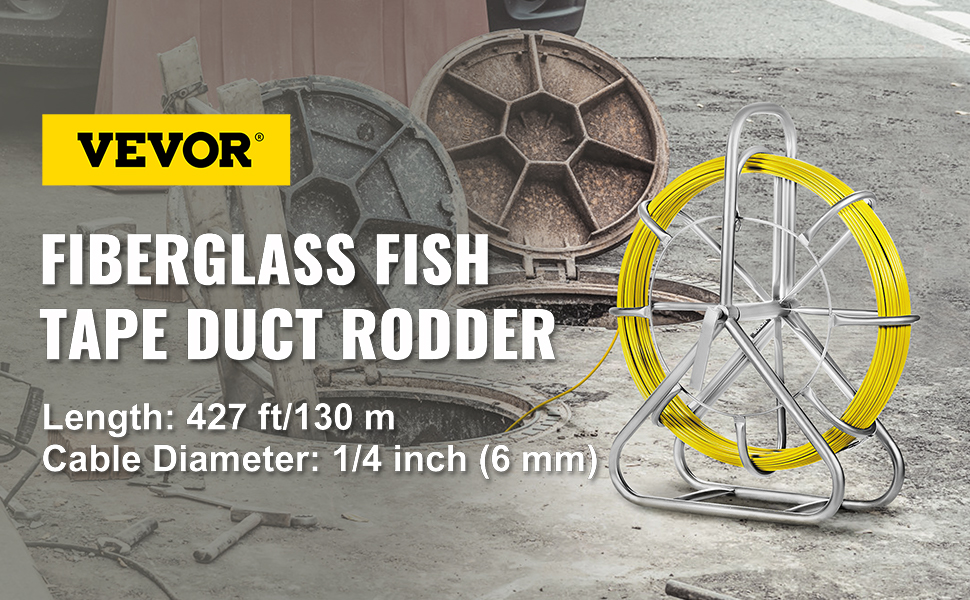 VEVOR 6MM x 130M Fiberglass Wire Cable Running Rod Snakes Fish Tape Rodder Flexible  Cable Conduit Puller with Cage Wheel Stand