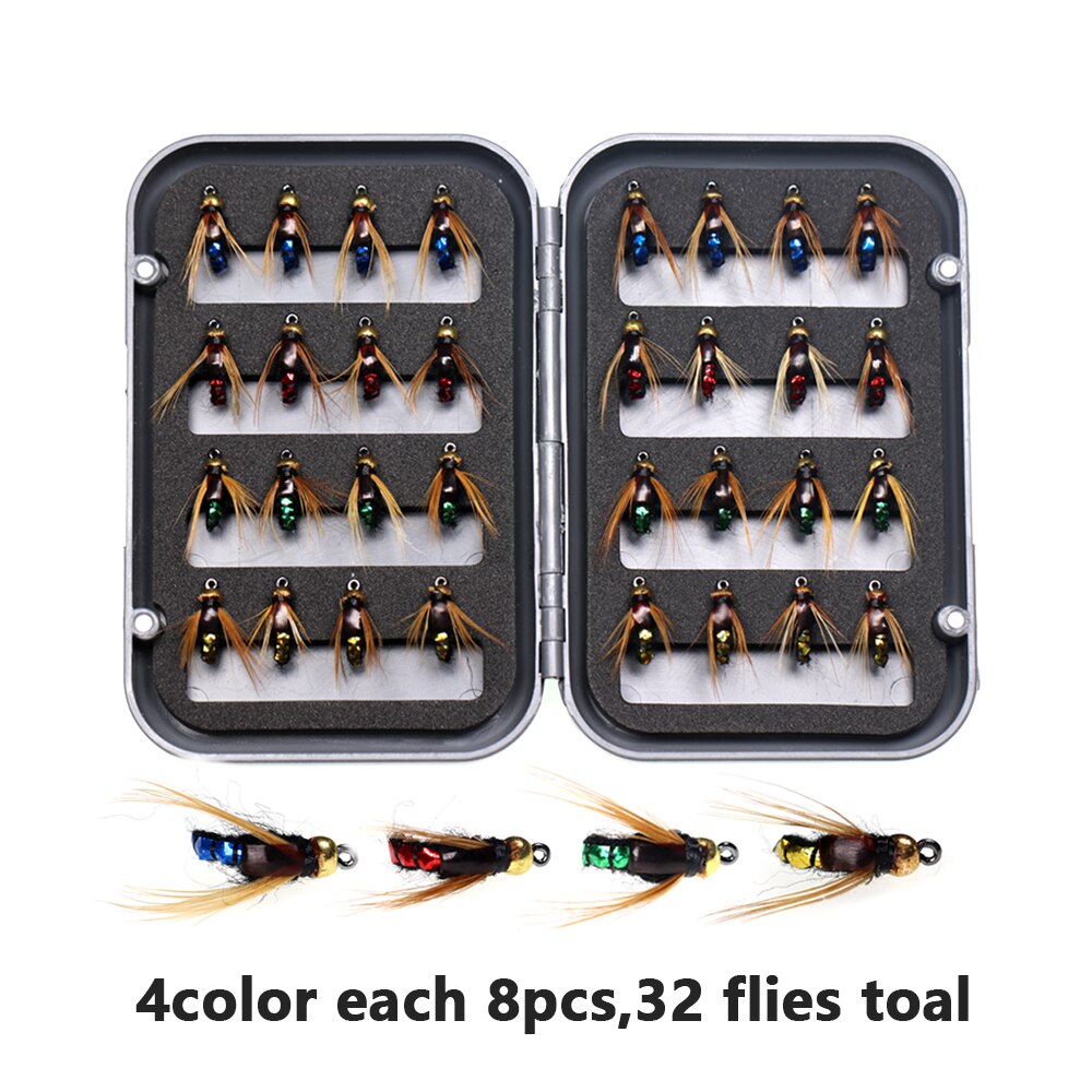 ICERIO 32pcs/Box Bead Head Fast Sinking Nymph Scud Fly Bug Worm Trout Fishing Flies Artificial Insect Fishing Bait Lure