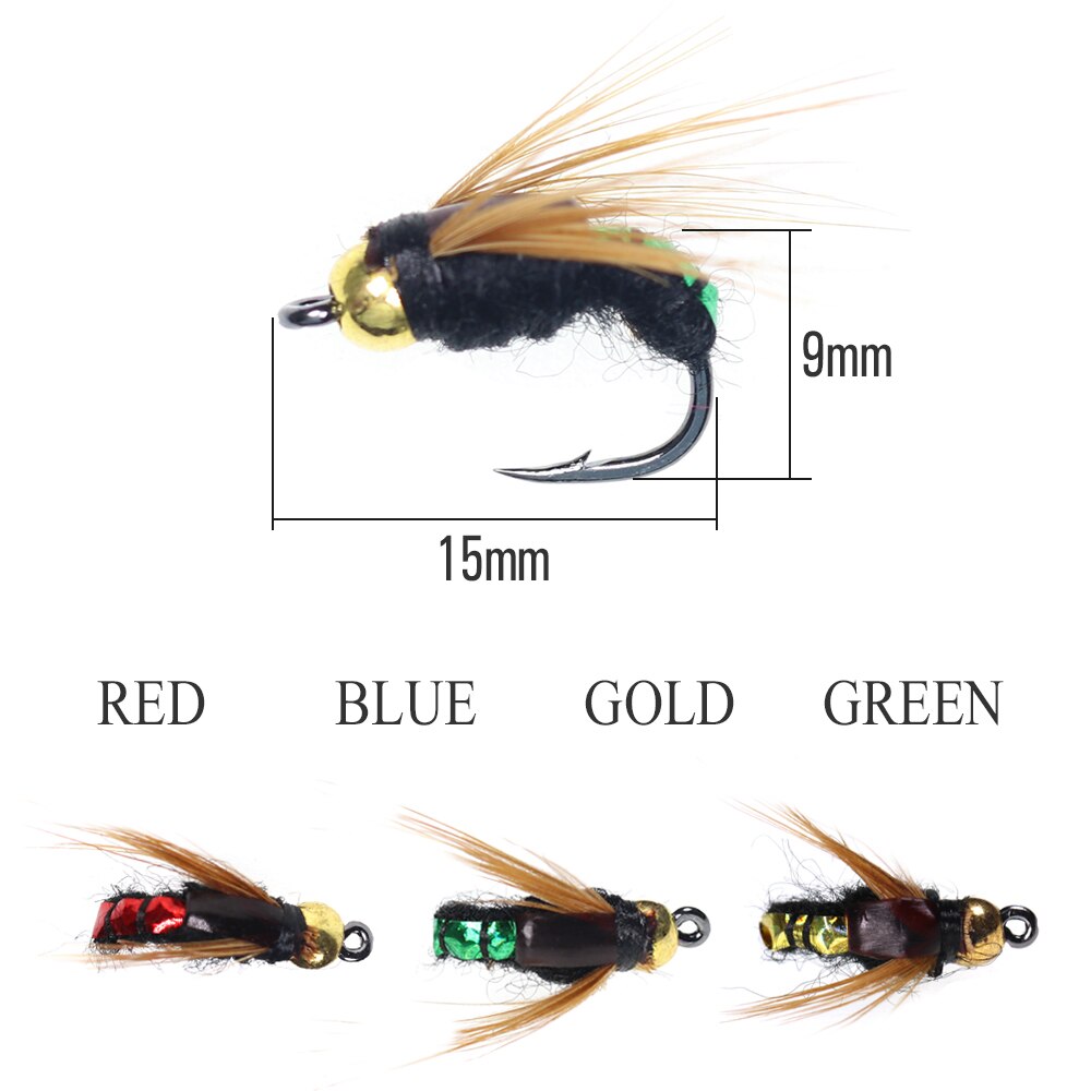 ICERIO 32pcs/Box Bead Head Fast Sinking Nymph Scud Fly Bug Worm Trout Fishing Flies Artificial Insect Fishing Bait Lure
