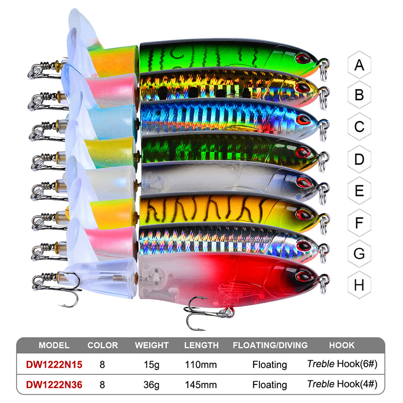 8 Pcs Set 11cm/14.5cm Topwater Fishing Lure Whopper Popper Bait Hard Plopper Soft Rotating Tail Fishing Tackle Fishing Bait Kit
