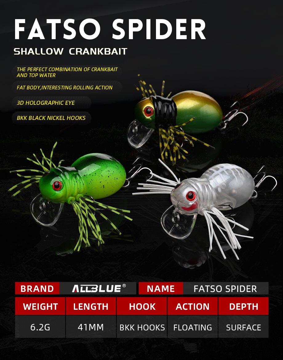 ALLBLUE FATSO SPIDER Topwater Shallow Crankbait 41MM 6.2G Rolling Insect Fishing Lure Wobbler Bait Freshwater Bass Pike Tackle