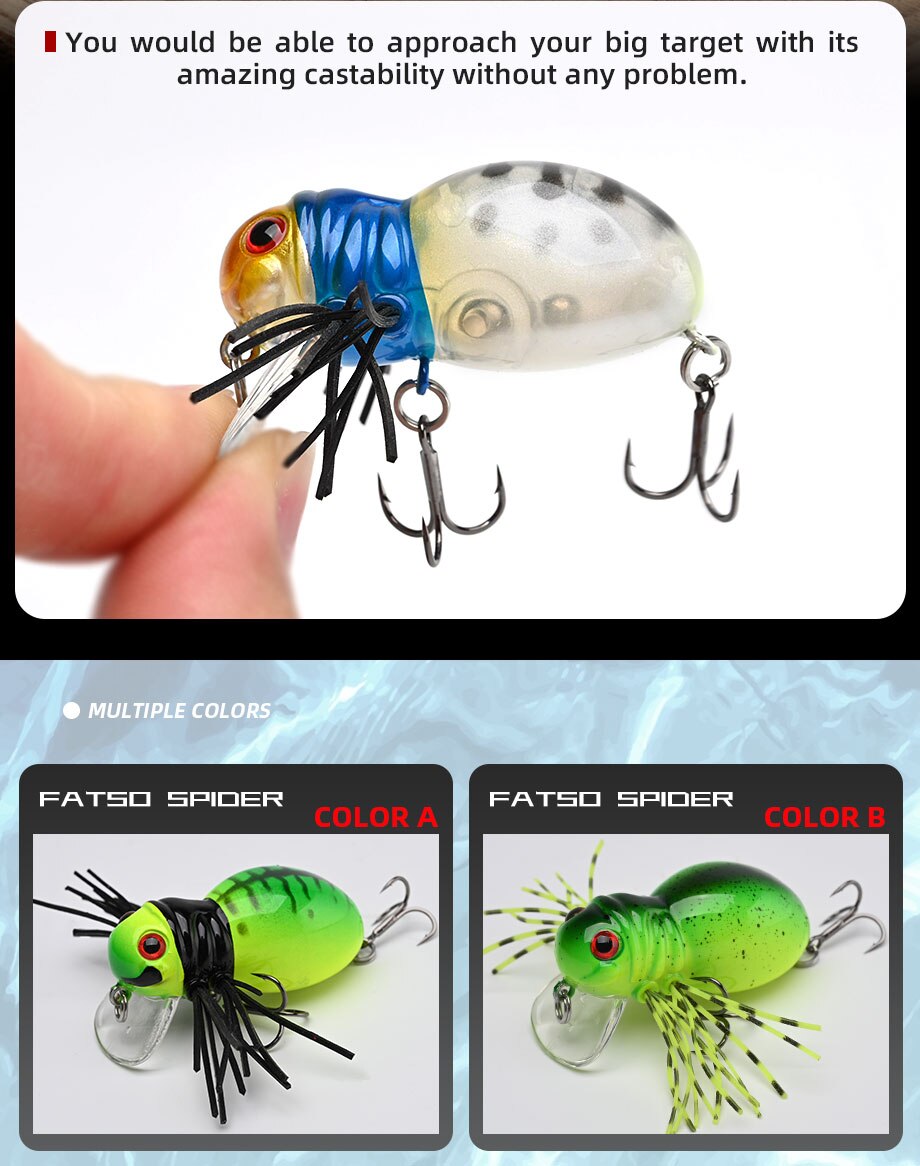 ALLBLUE FATSO SPIDER Topwater Shallow Crankbait 41MM 6.2G Rolling Insect Fishing Lure Wobbler Bait Freshwater Bass Pike Tackle
