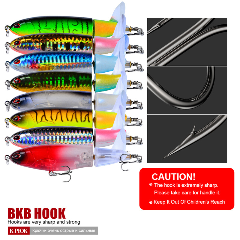 8 Pcs Set 11cm/14.5cm Topwater Fishing Lure Whopper Popper Bait Hard Plopper Soft Rotating Tail Fishing Tackle Fishing Bait Kit