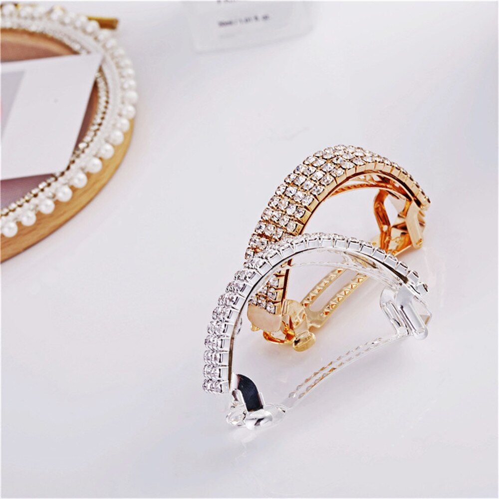 Fashion Golden Silver Alloy Barrettes Shiny Crystal Strong Spring Hair Clip For Women Ponytail Tail Holder Hair Accessories
