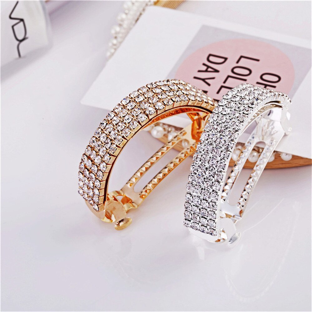 Fashion Golden Silver Alloy Barrettes Shiny Crystal Strong Spring Hair Clip For Women Ponytail Tail Holder Hair Accessories