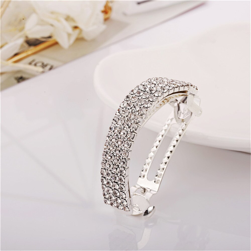 Fashion Golden Silver Alloy Barrettes Shiny Crystal Strong Spring Hair Clip For Women Ponytail Tail Holder Hair Accessories