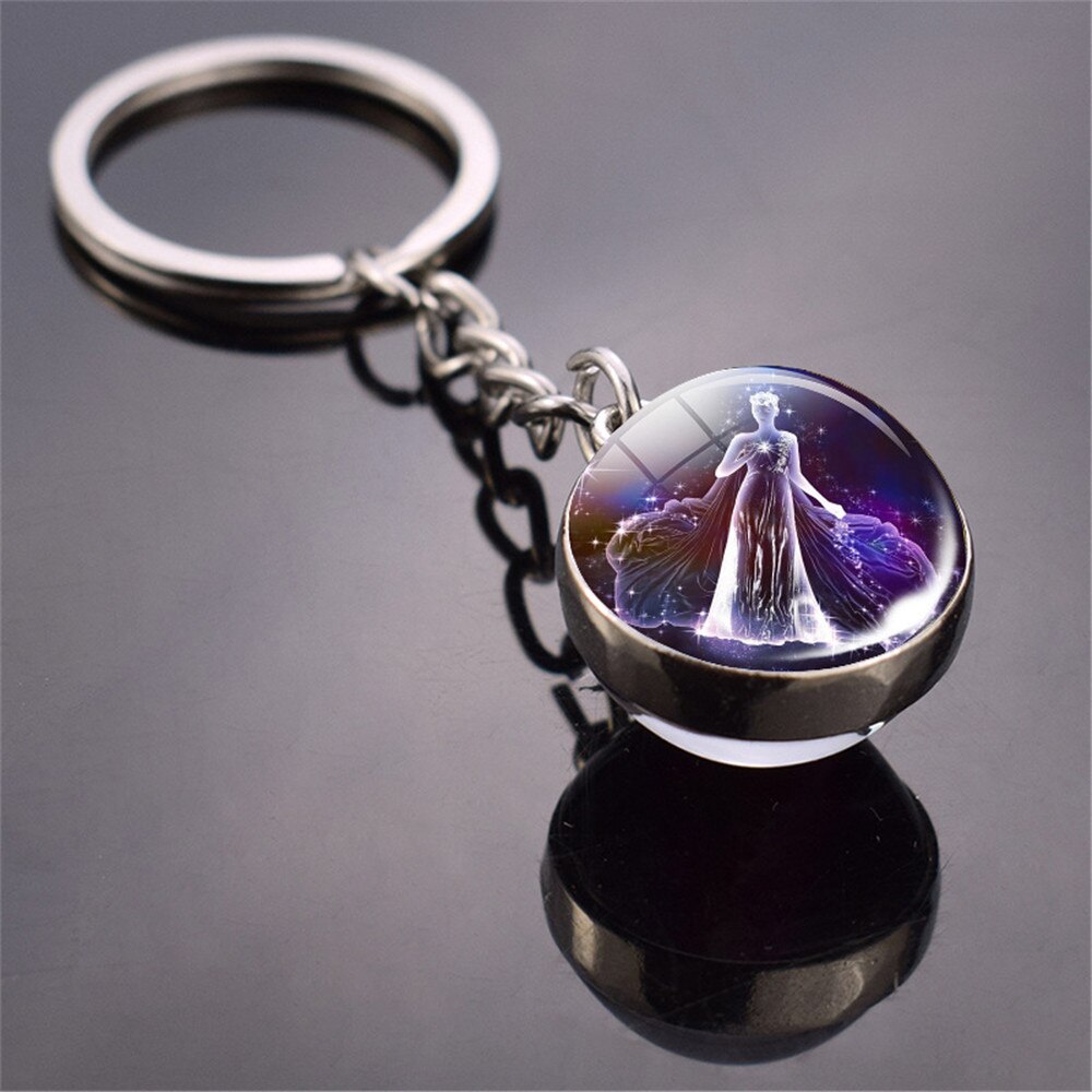 12 Constellation Luminous Keychain Glass Ball Pendant Zodiac Keychain Glow In The Dark Key Chain Holder Men Women Birthday Gift