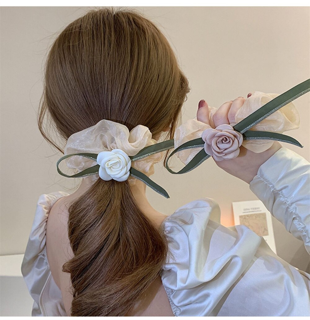 French Classic Camellia Hair Rope Spring Summer Scrunchies Ladies Large Intestine Hair Ring Gentle Temperament Flower Hair Tie