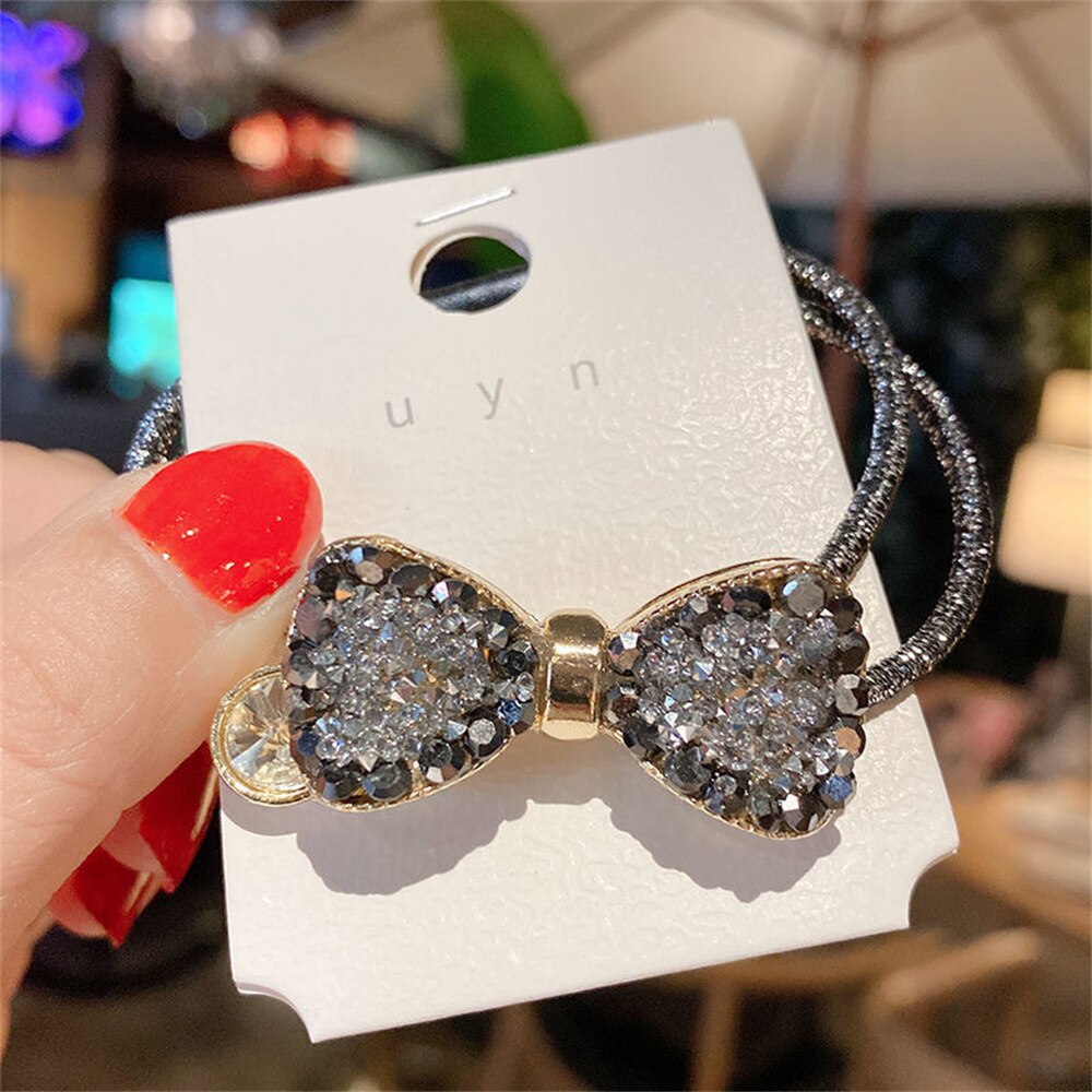 New Arrival Rhinestone Bow Elastic Hair Bands Ties Rubber Girls Fashion Shiny Crystal Hair Rope Ponytail Accessories For Women