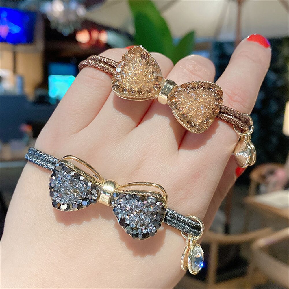 New Arrival Rhinestone Bow Elastic Hair Bands Ties Rubber Girls Fashion Shiny Crystal Hair Rope Ponytail Accessories For Women