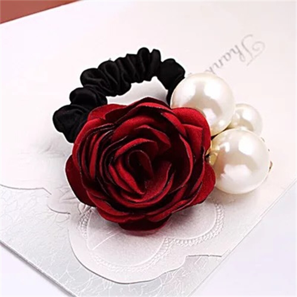 1PC Fashion Style Big Rose Flower Hair Bands Pearl Rhinestone Elastic Hair Rope For Women Girls Rubber Ring Hair Accessories
