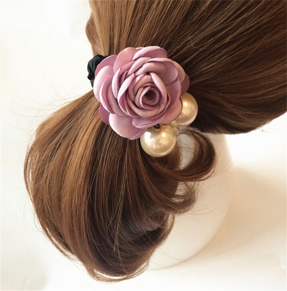 1PC Fashion Style Big Rose Flower Hair Bands Pearl Rhinestone Elastic Hair Rope For Women Girls Rubber Ring Hair Accessories