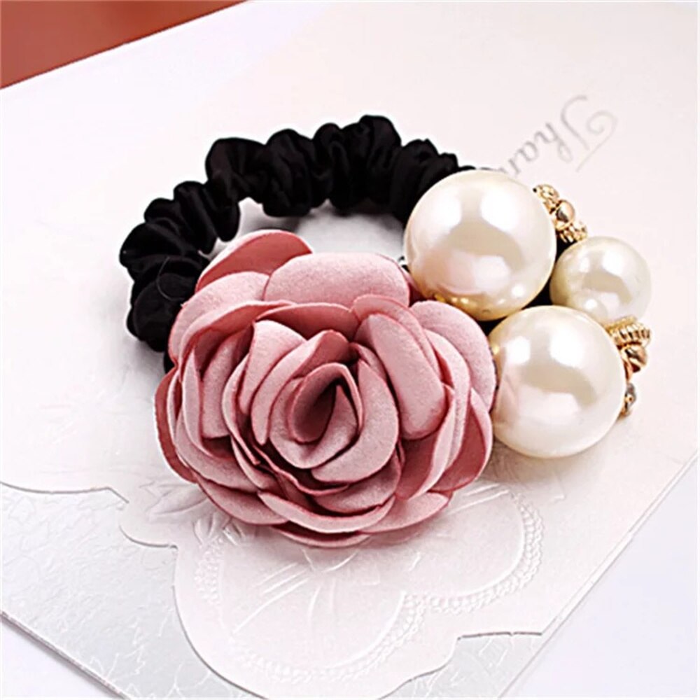1PC Fashion Style Big Rose Flower Hair Bands Pearl Rhinestone Elastic Hair Rope For Women Girls Rubber Ring Hair Accessories