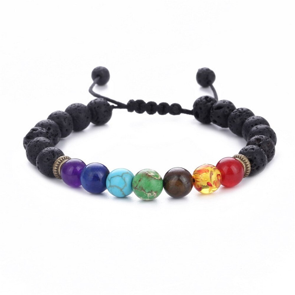 7 Chakra Bracelet Black Lava Healing Balance Beads Reiki Adjustable Weaving Yoga Natural Stone Strand Bracelet For Women Men