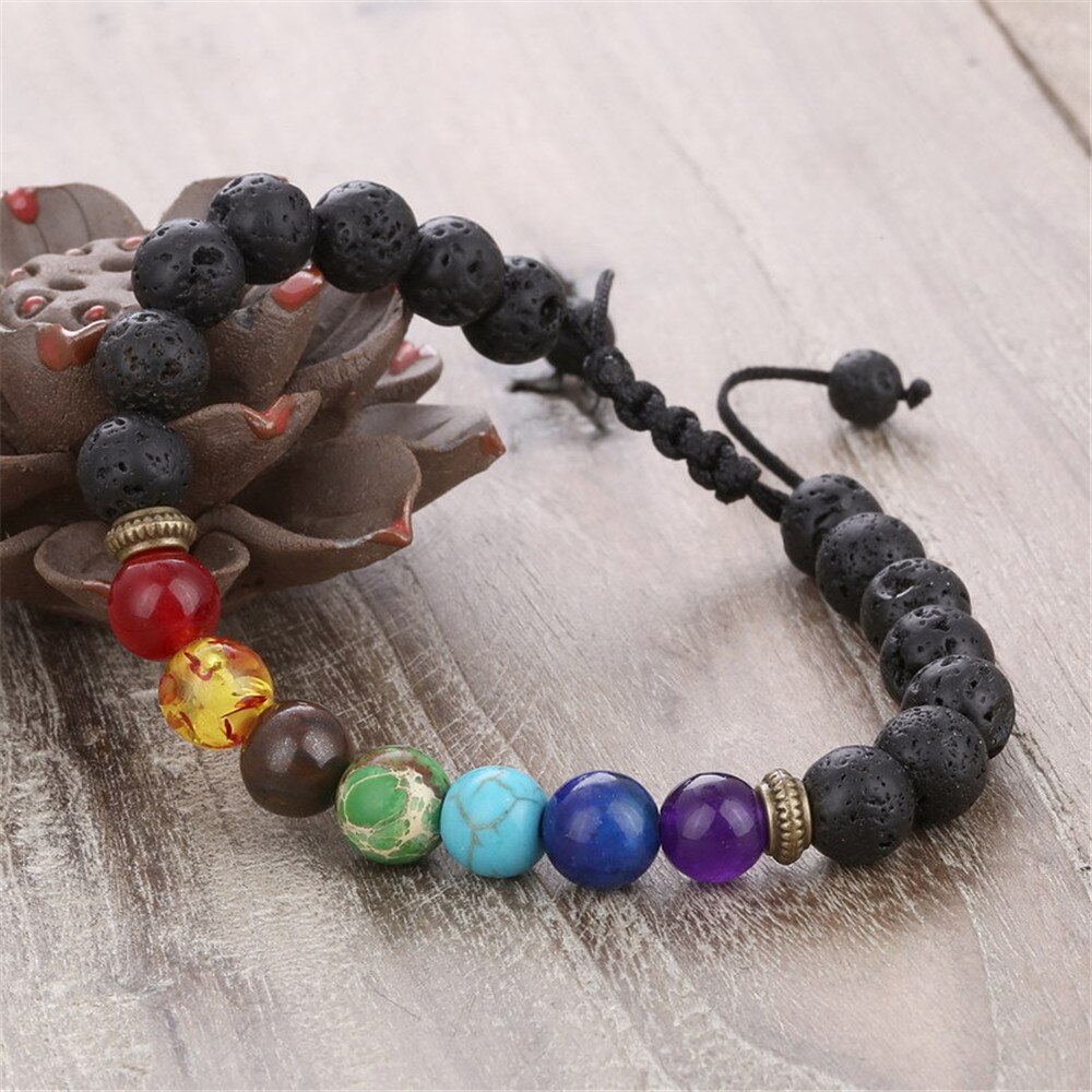 7 Chakra Bracelet Black Lava Healing Balance Beads Reiki Adjustable Weaving Yoga Natural Stone Strand Bracelet For Women Men