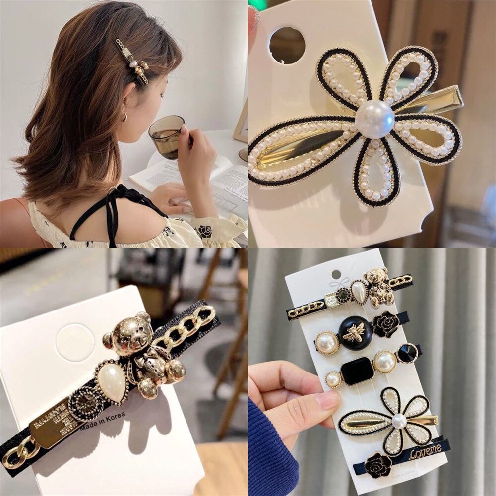 5PCS/Set Women Luxury Elegant Crystals Pearls Geometric Hairpins Lady Sweet Hair Clip Barrette Headband Fashion Hair Accessories