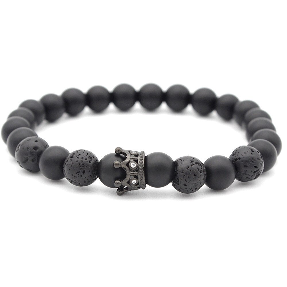 8mm Black Matte Energy Lava stone Crown Beads Bracelet Strand Bracelets For Women Men Handmade Charm Adjustable Fashion Jewelry
