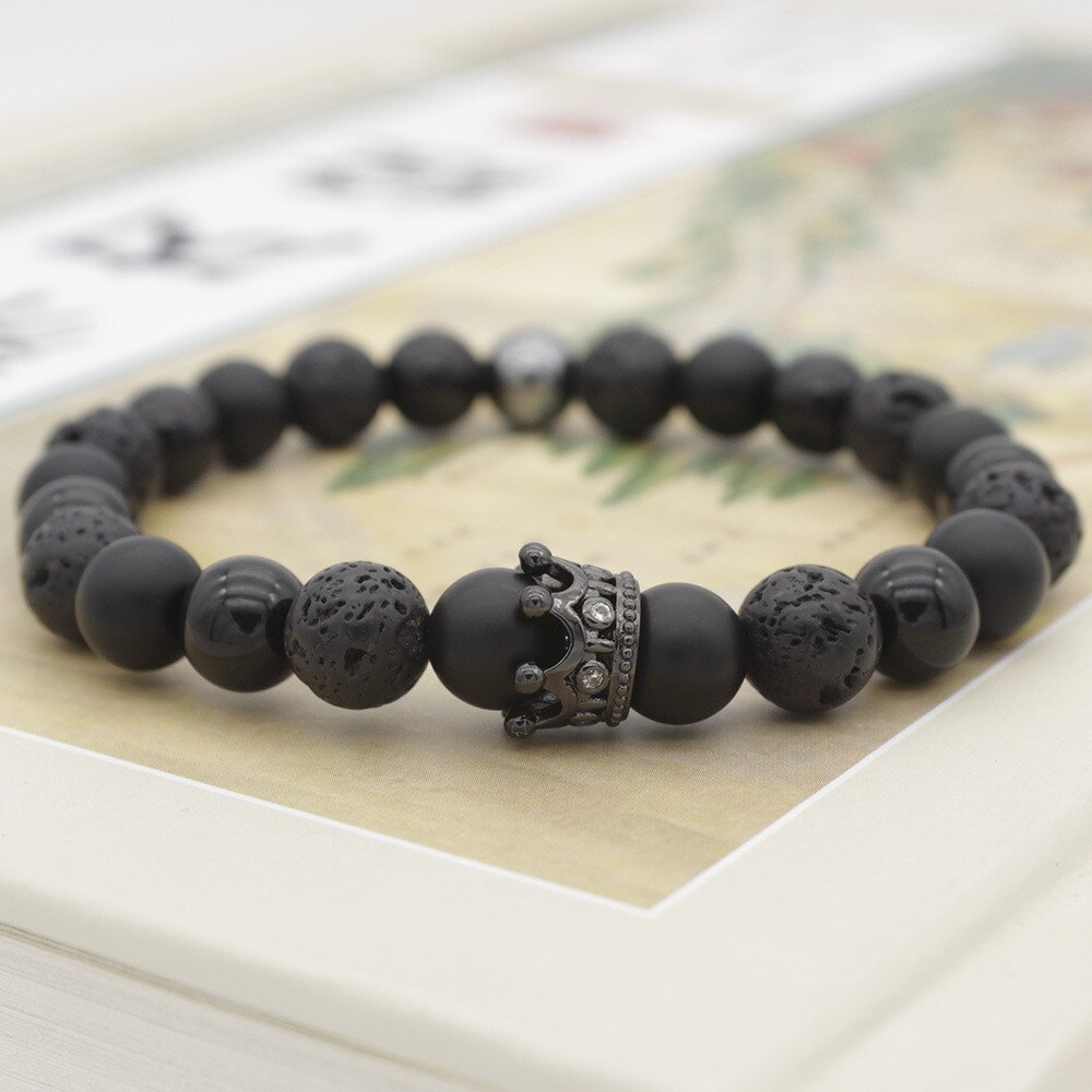 8mm Black Matte Energy Lava stone Crown Beads Bracelet Strand Bracelets For Women Men Handmade Charm Adjustable Fashion Jewelry