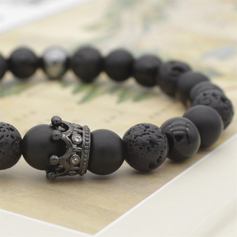 8mm Black Matte Energy Lava stone Crown Beads Bracelet Strand Bracelets For Women Men Handmade Charm Adjustable Fashion Jewelry 8mm Black Matte Energy Lava stone Crown Beads Bracelet Strand Bracelets For Women Men Handmade Charm Adjustable Fashion Jewelry