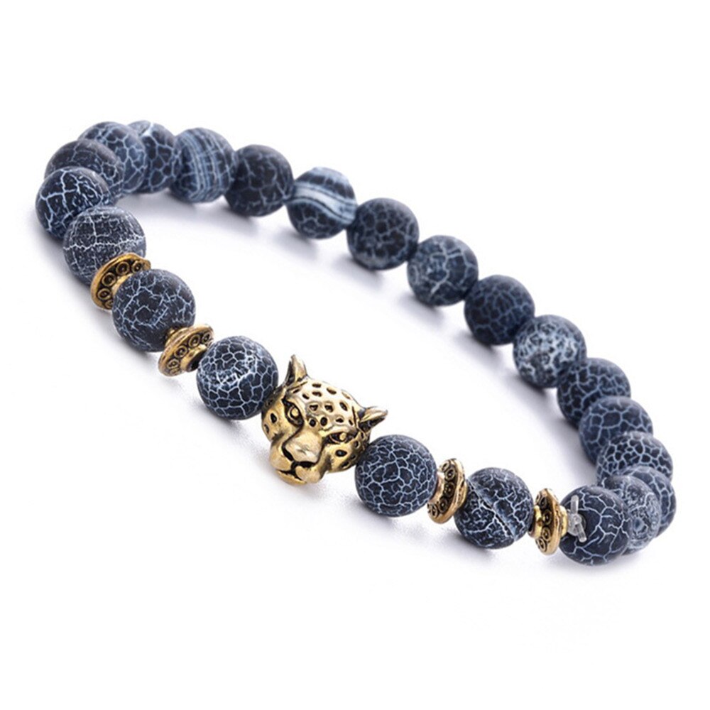 8MM Black Weathered Alloy Leopard Head Beaded Bracelet Natural Ball Charms Bracelets For Women Men Elastic Fashion Jewelry