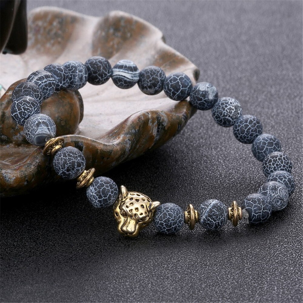 8MM Black Weathered Alloy Leopard Head Beaded Bracelet Natural Ball Charms Bracelets For Women Men Elastic Fashion Jewelry