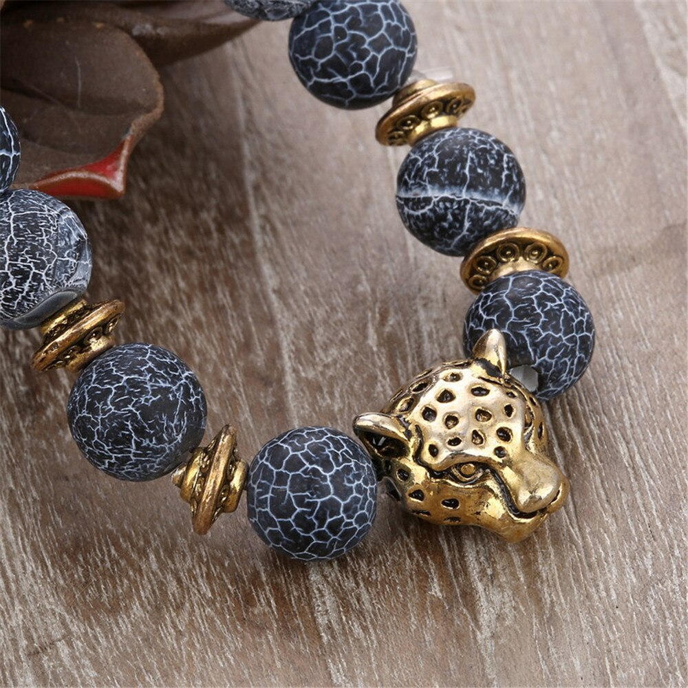 8MM Black Weathered Alloy Leopard Head Beaded Bracelet Natural Ball Charms Bracelets For Women Men Elastic Fashion Jewelry 8MM Black Weathered Alloy Leopard Head Beaded Bracelet Natural Ball Charms Bracelets For Women Men Elastic Fashion Jewelry