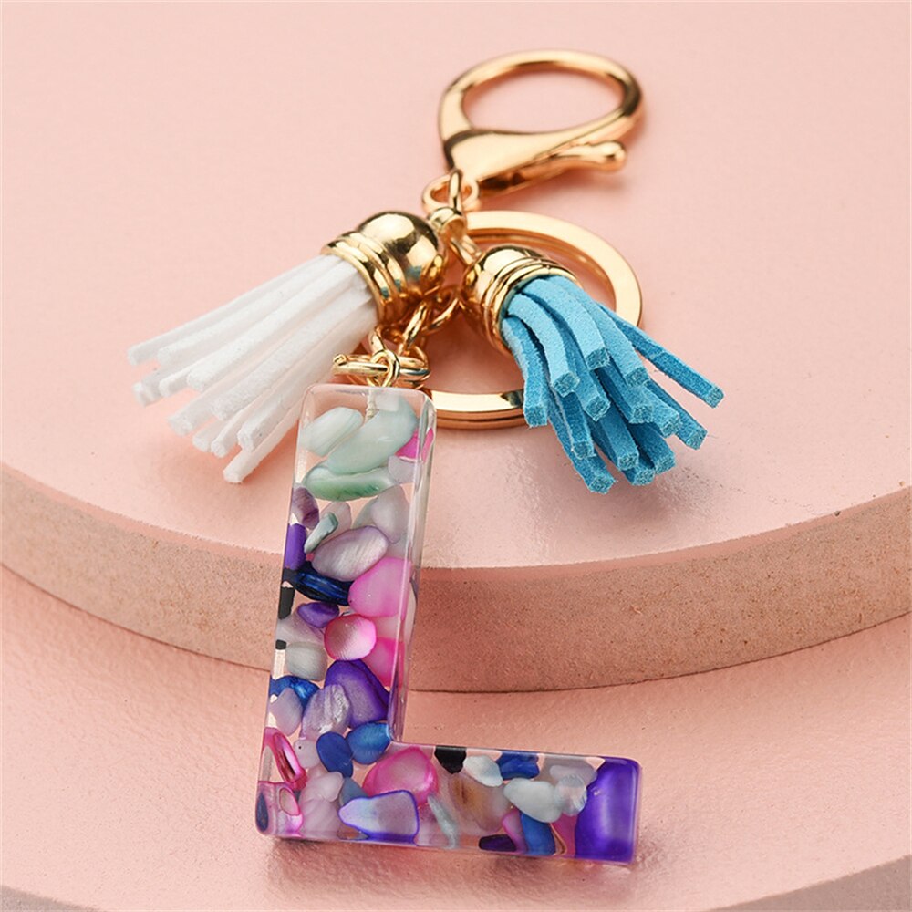 1PC Women Keychains 26 Glitter Hollowed-out Words Handbag Tassel English Letter Keyring with Puffer Ball Charms Free Shipping