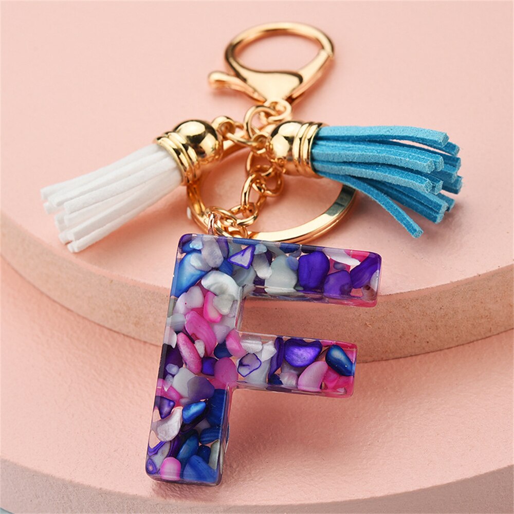 1PC Women Keychains 26 Glitter Hollowed-out Words Handbag Tassel English Letter Keyring with Puffer Ball Charms Free Shipping