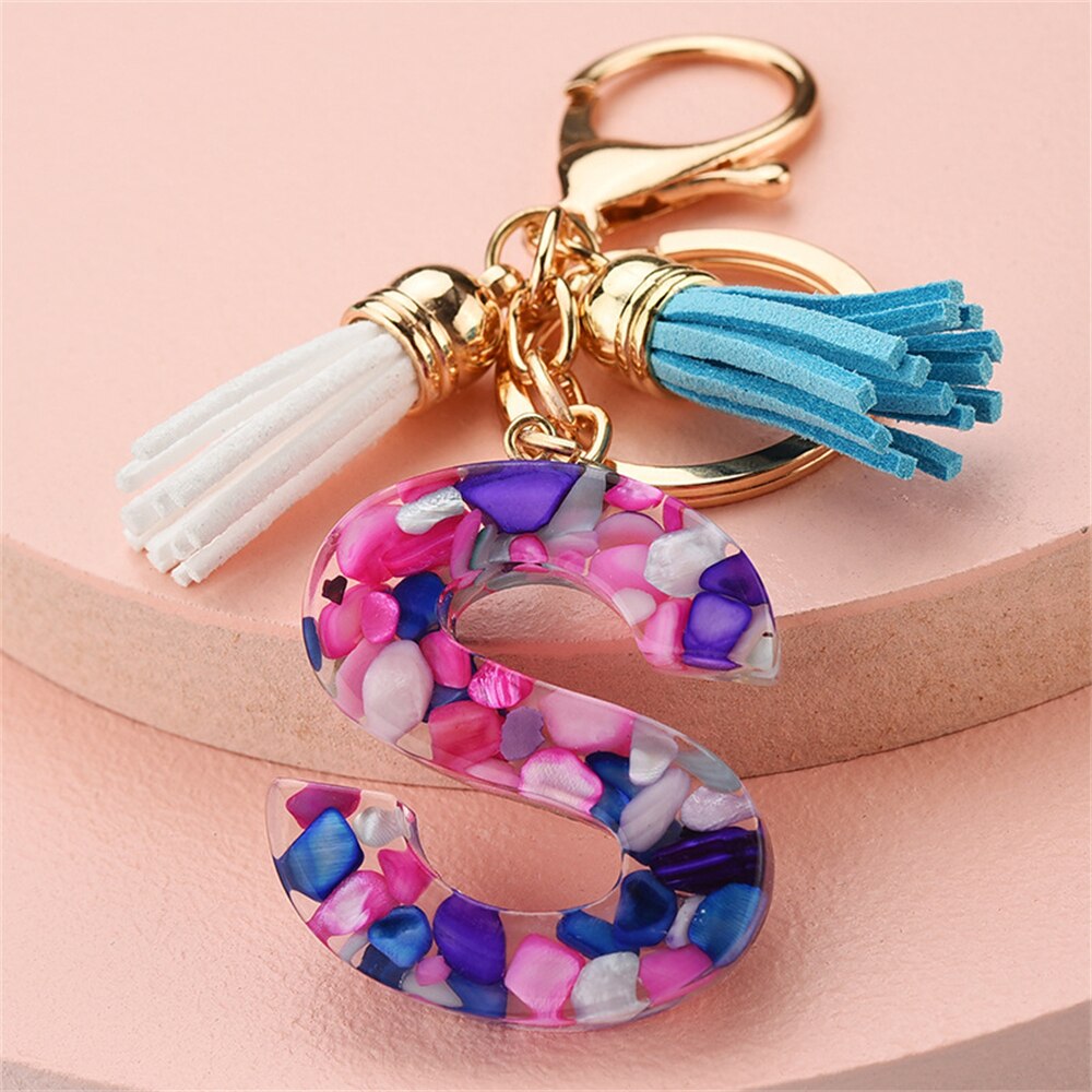 1PC Women Keychains 26 Glitter Hollowed-out Words Handbag Tassel English Letter Keyring with Puffer Ball Charms Free Shipping