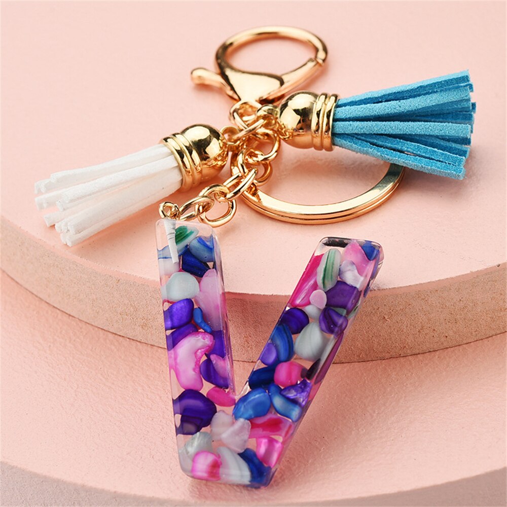 1PC Women Keychains 26 Glitter Hollowed-out Words Handbag Tassel English Letter Keyring with Puffer Ball Charms Free Shipping
