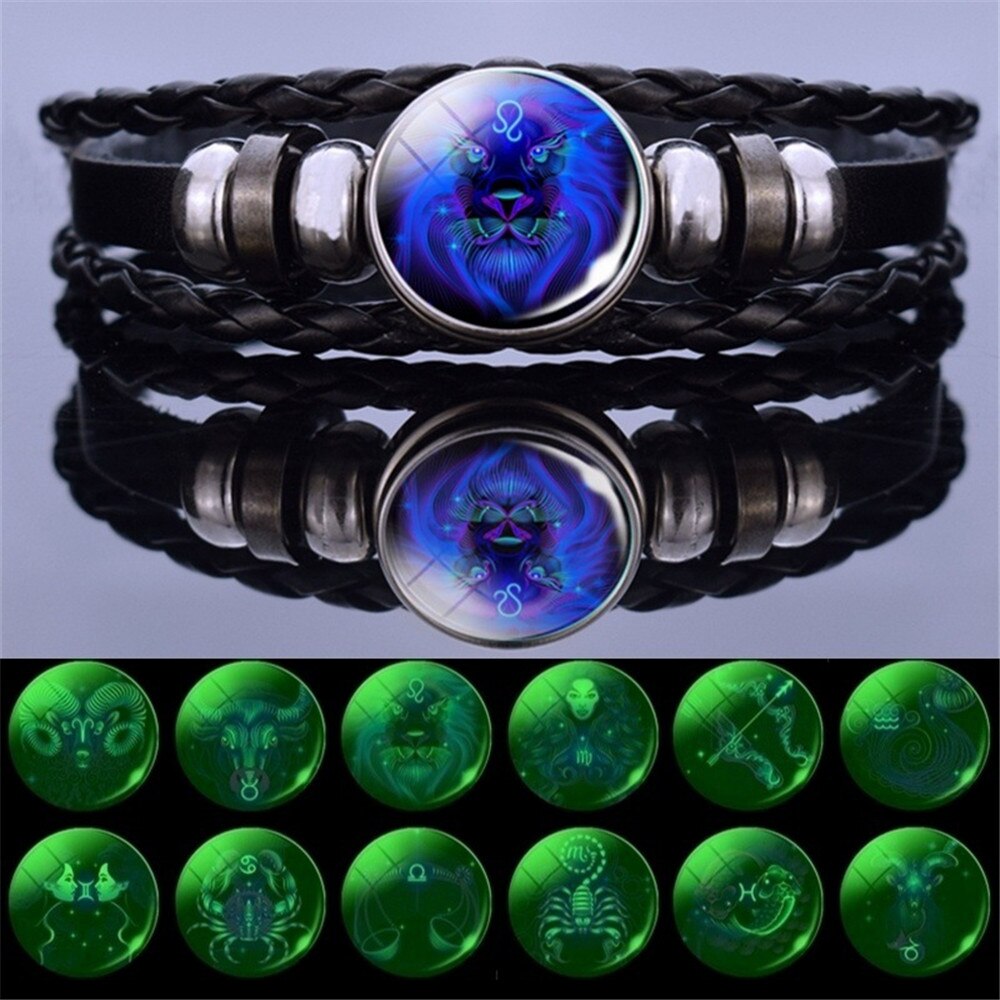 12 Constellation Zodiac Sign Leather Bracelet Black Woven Bracelets for Men Women Fashion Jewelry Accessories Gifts Dropshipping