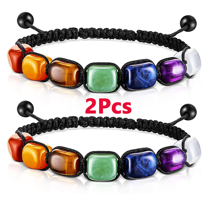 2Pcs 7 Chakra Reiki Healing Crystal Stretch Bracelets Gemstone Yoga Bracelets Adjust Braided Rope Bead Bracelet for Women Girls