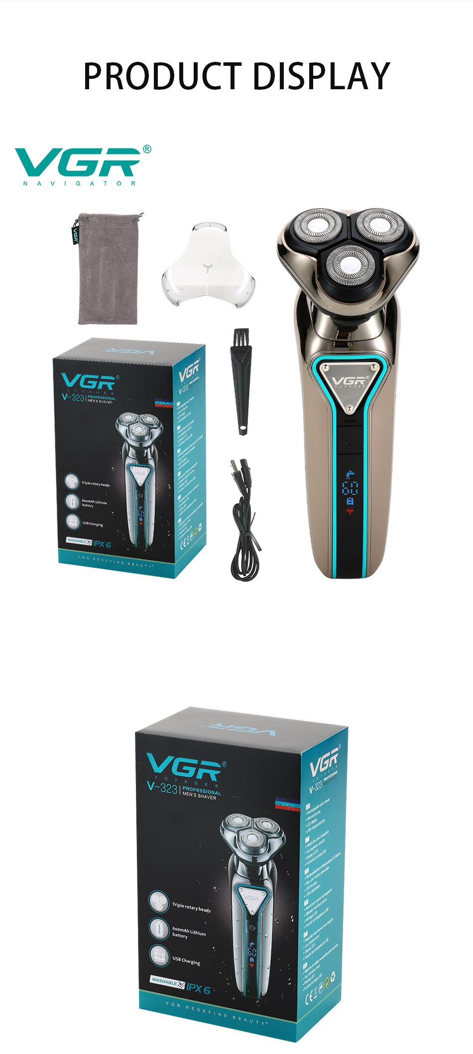 Men's Electric Shaver for Men Razor Smart Beard Shaving Timmer 3D Blade Float IPX7 Shaving Machine LCD Display Electric Razor