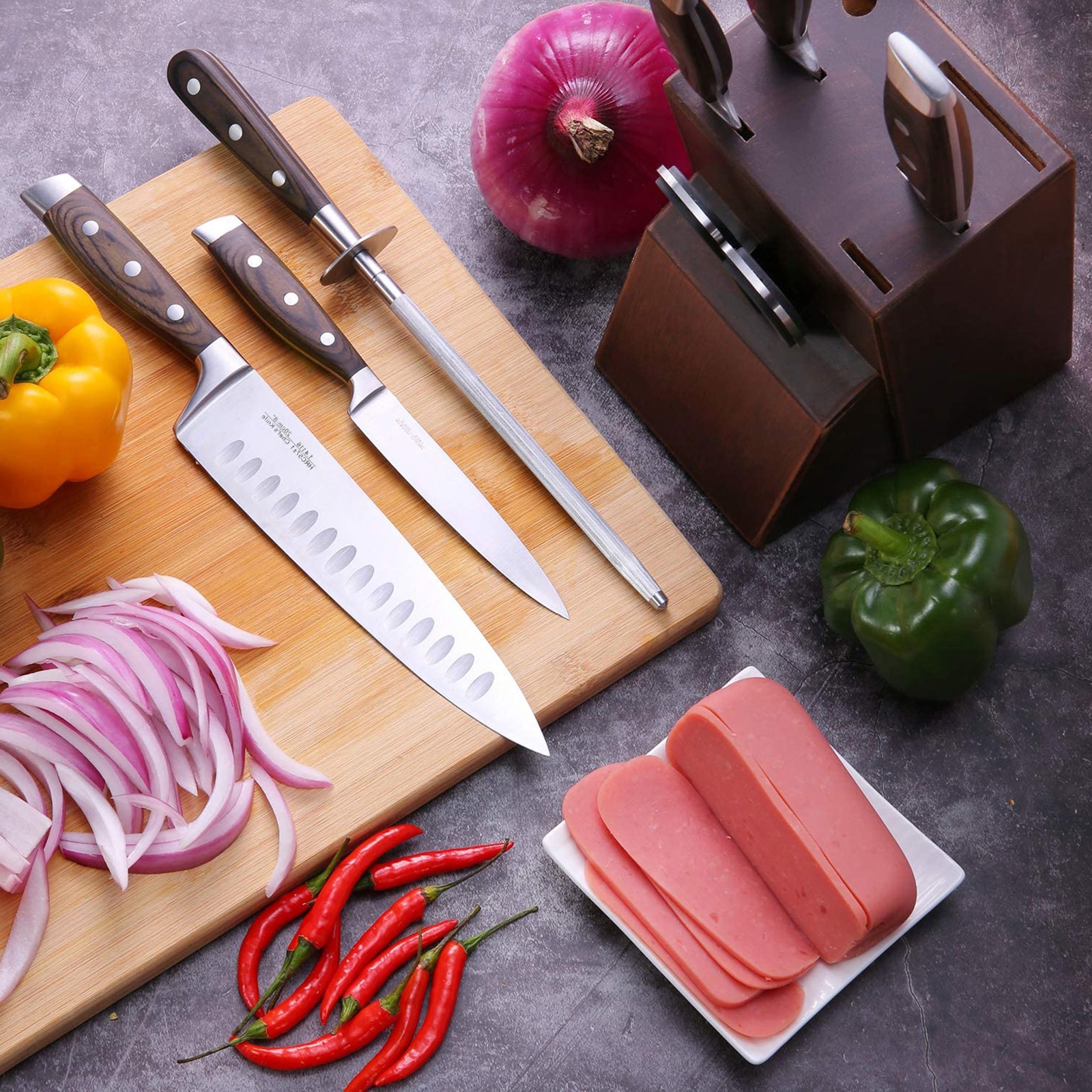 8pcs/Set Wood Handle Kitchen Knives Kitchen Cutting Tool Block Set With Sharpener 1.4116 Stainless Steel Blade Scissors 8pcs/Set Wood Handle Kitchen Knives Kitchen Cutting Tool Block Set With Sharpener 1.4116 Stainless Steel Blade Scissors