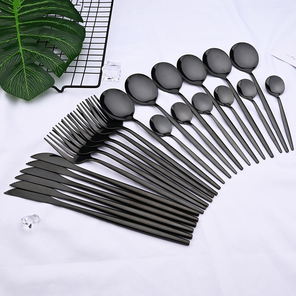24pcs Black Western Dinnerware Set Stainless Steel Cutlery Set Fork Knife Spoon Tableware Set Flatware Set Silverware Set 24pcs Black Western Dinnerware Set Stainless Steel Cutlery Set Fork Knife Spoon Tableware Set Flatware Set Silverware Set