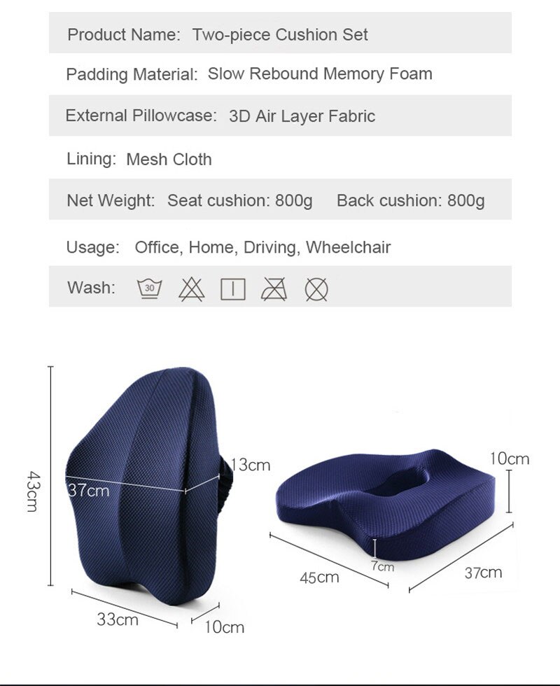 Memory Foam Seat Cushion Orthopedic Pillow Coccyx Office Chair Cushion Support Waist Back Pillow Car Seat Hip Massage Pad Sets