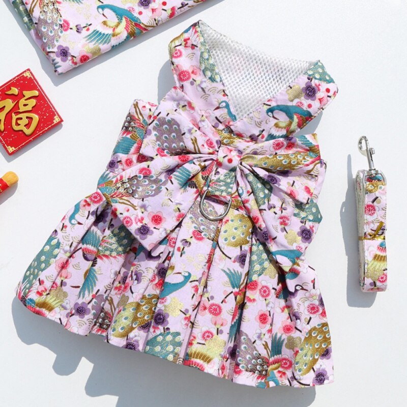 Summer Pet Floral Skirt Bow Dog Dress Matching Leash  For Small Dogs Skirt Spring Princess Dog Wedding Dresses York Clothes