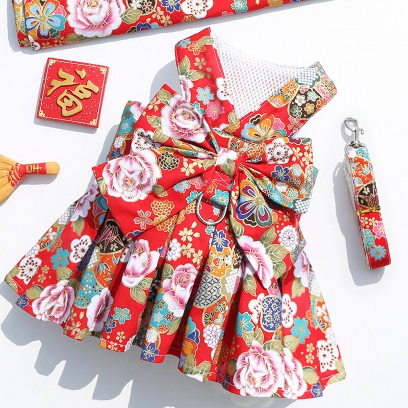 Summer Pet Floral Skirt Bow Dog Dress Matching Leash  For Small Dogs Skirt Spring Princess Dog Wedding Dresses York Clothes