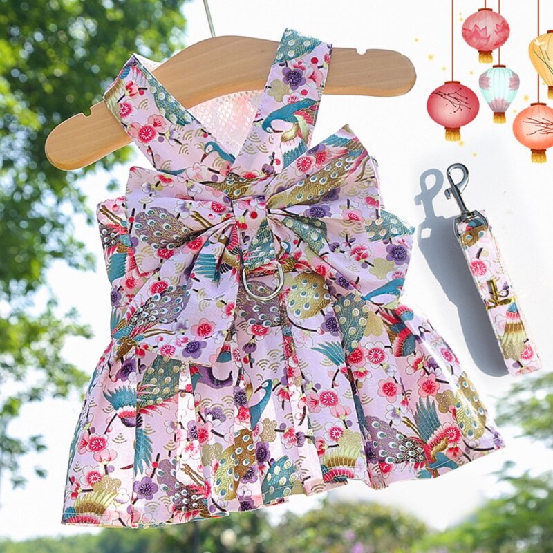 Summer Pet Floral Skirt Bow Dog Dress Matching Leash  For Small Dogs Skirt Spring Princess Dog Wedding Dresses York Clothes