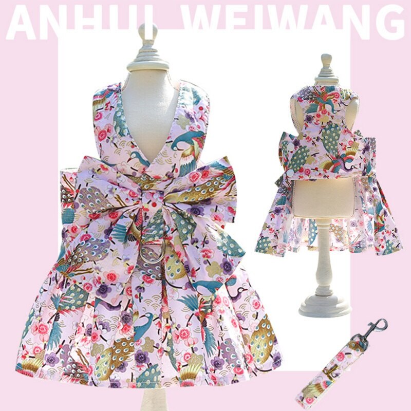 Summer Pet Floral Skirt Bow Dog Dress Matching Leash  For Small Dogs Skirt Spring Princess Dog Wedding Dresses York Clothes