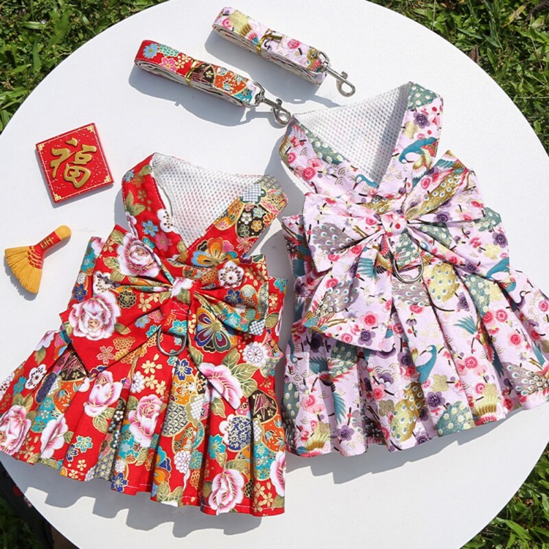 Summer Pet Floral Skirt Bow Dog Dress Matching Leash  For Small Dogs Skirt Spring Princess Dog Wedding Dresses York Clothes