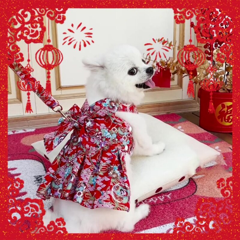 Summer Pet Floral Skirt Bow Dog Dress Matching Leash  For Small Dogs Skirt Spring Princess Dog Wedding Dresses York Clothes