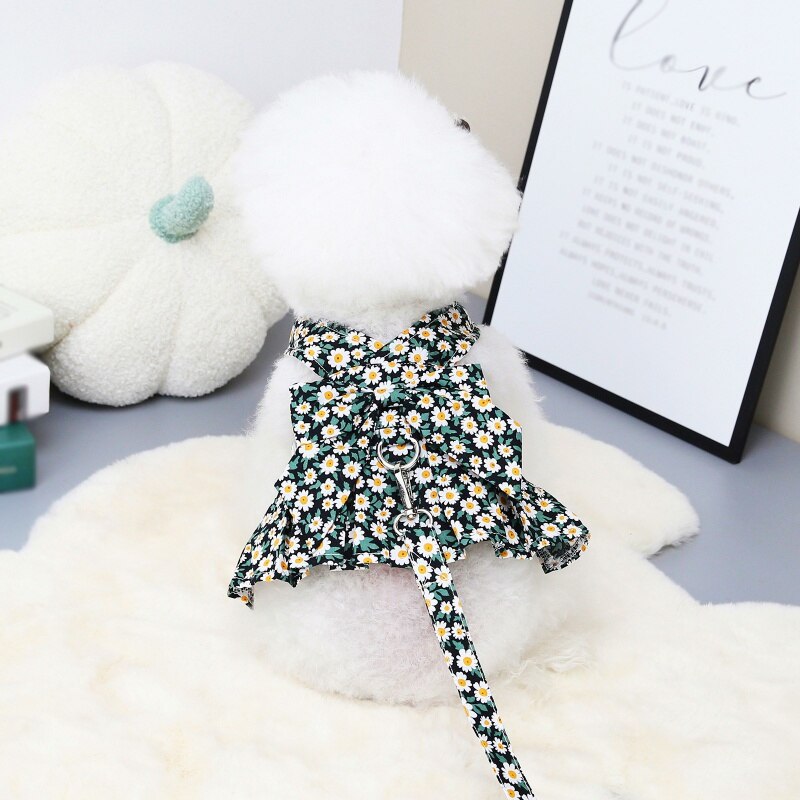 Summer Pet Floral Skirt Bow Dog Dress Matching Leash For Small Dogs Skirt Spring Dog Harness Vest Dresses York Clothes