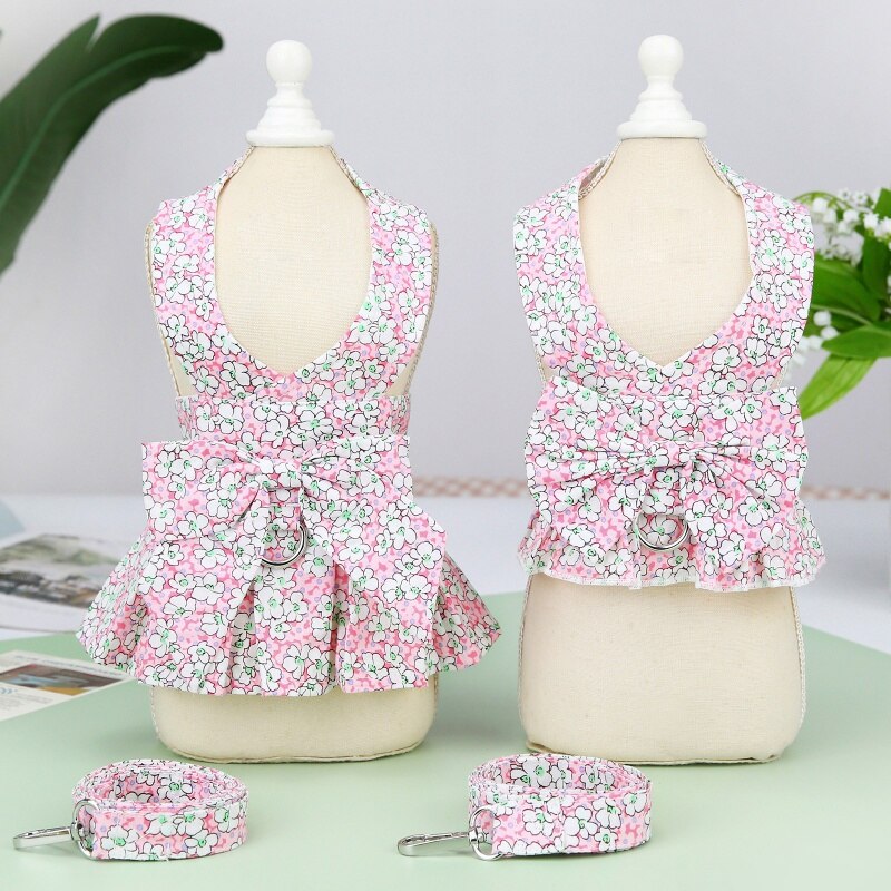 Summer Pet Floral Skirt Bow Dog Dress Matching Leash For Small Dogs Skirt Spring Dog Harness Vest Dresses York Clothes